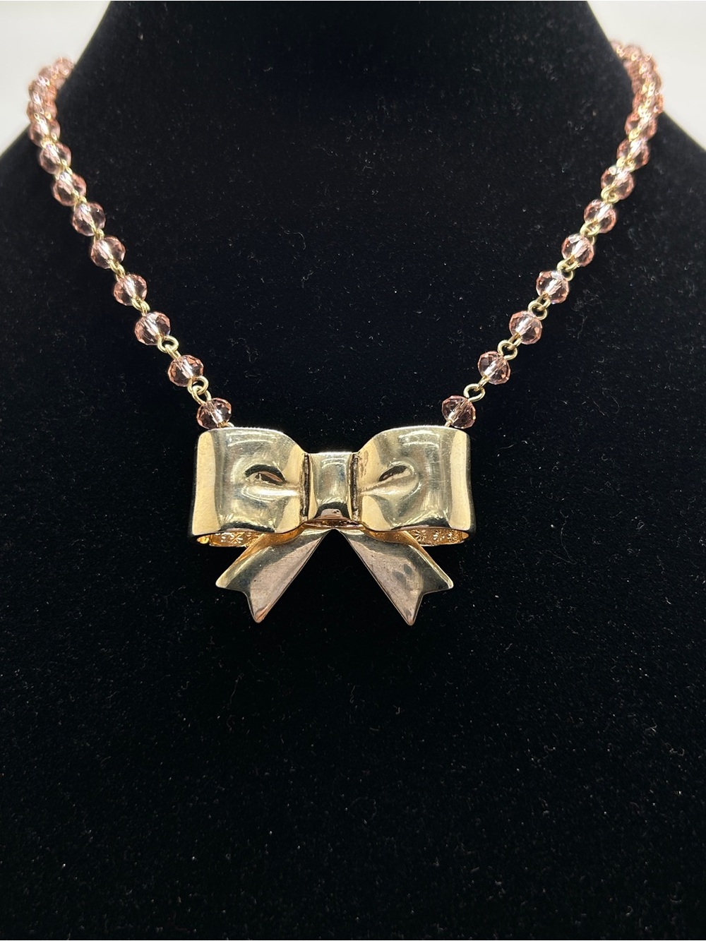 Betsey Johnson, Short Gold Bow Necklace With Pink Crystals